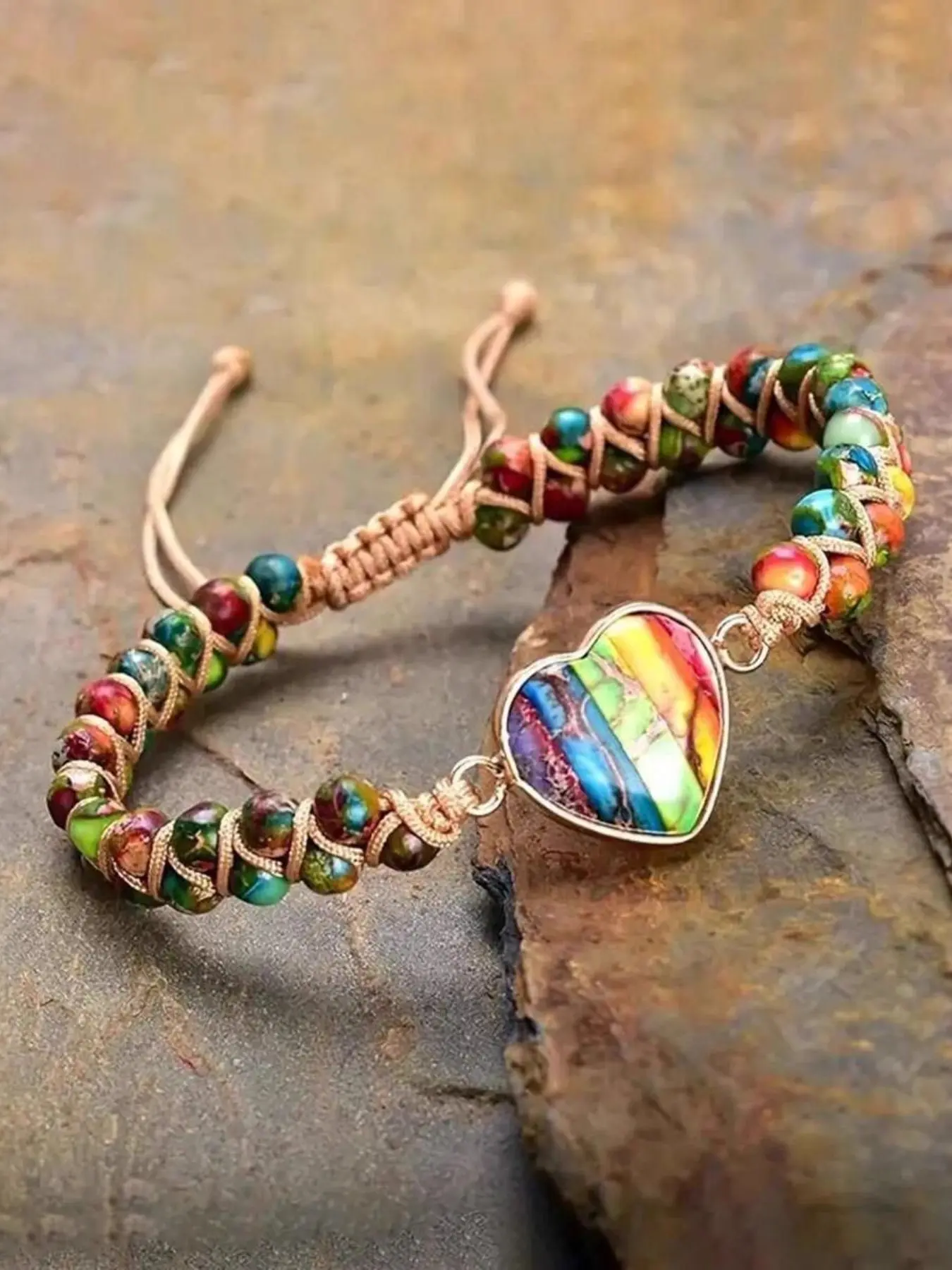 Boho Style Colorful Natural Stone Heart Beaded Bracelets Jewelry, Adjustable Unisex Jewelry, Casual Daily Wear, Couple Gift, Fashion Accessory