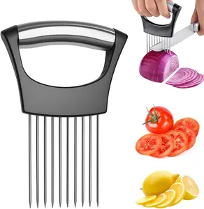 Onion Holder for Slicing, Stainless Steel Onion Slicer and Chopper, Lemon Slicer Vegetable Cutter Kitchen Tool, Food Slicing Assistant for Meat, Tomato