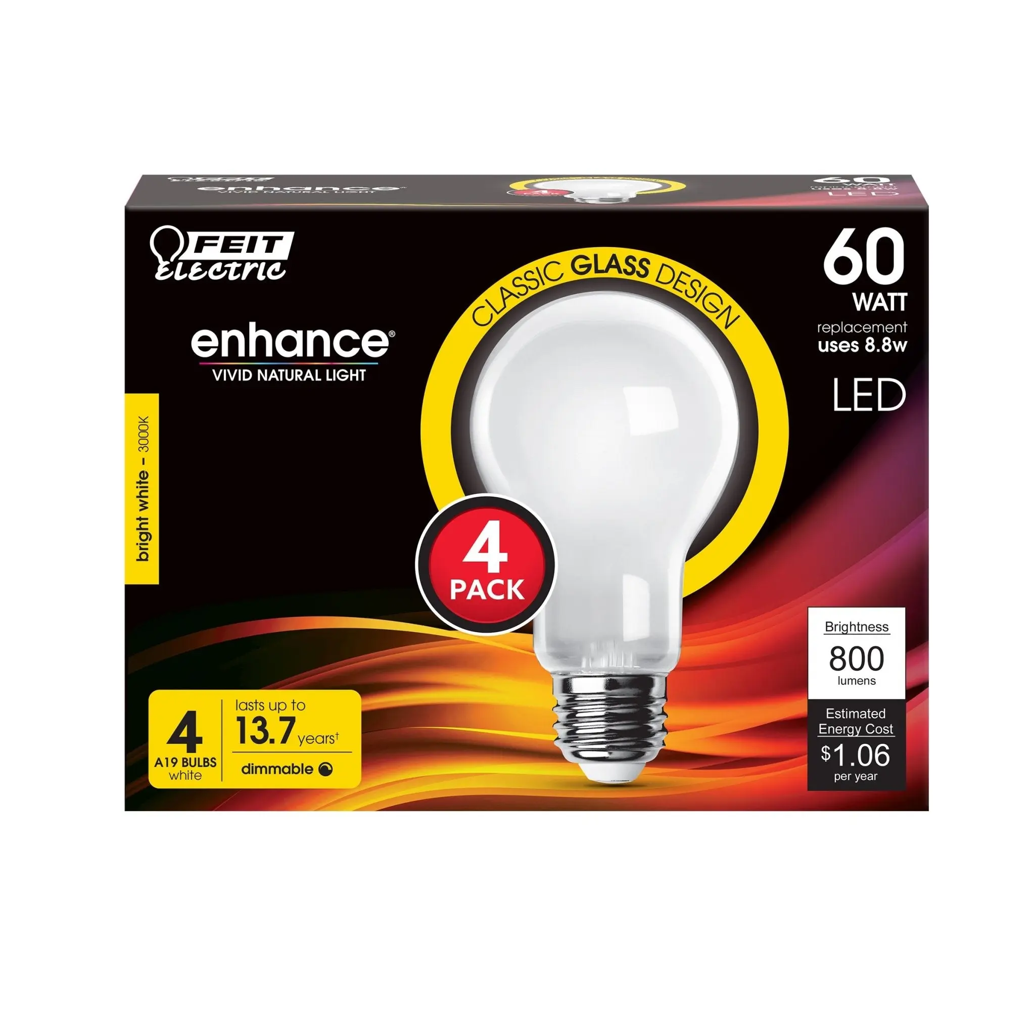 Feit Electric 60 Watt Replacement Bright White 3000K A19 Dimmable Frost Glass LED Light Bulb 4 Pack