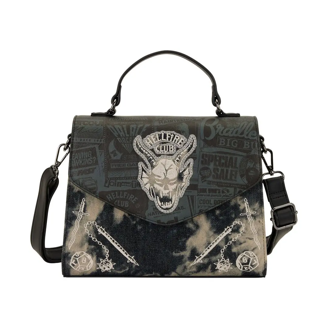 Loungefly Netflix Stranger Things Women's Hellfire Club Crossbody Purse, Faux Leather & Denim Bag with Embroidered Details, Adjustable Crossbody, Casual Shoulder Sling, Zipper, Embroidery, Graphic, Gunmetal, Lightweight, D&D Weapons