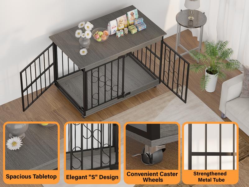 【TreasureFinds】COZPAW Dog Crate Furniture 48 Inch Wooden Dog Crates for Medium/Large Dogs, Three Doors, House Dog Cage with Lockable Wheels (Gray)