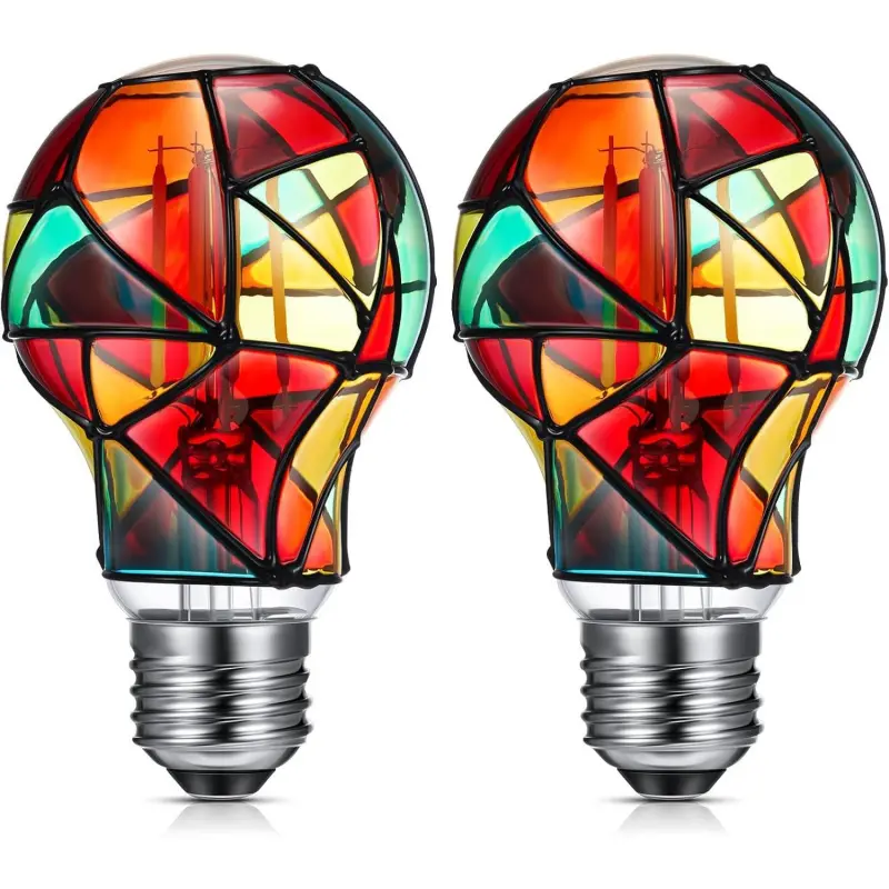 2 Pcs A60 Stained Glass LED Light Bulbs, E26 Base, 120V Flickering Decorative Colorful Lights for Christmas Decorations, Whimsical Room Decor, Decorative Lights
