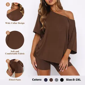 Fisoew Women’s Casual Two Piece Lounge Set Off Shoulder Top & Fitted Shorts Springtok SpringStatements