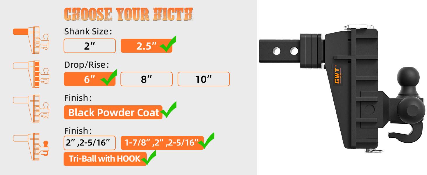 Adjustable Trailer Hitch with Hook, Fits 2.5-Inch Receiver（Key Points）,Tri-Ball (1-7/8" x 2" x 2-5/16") Drop Hitch, 6 Inch Drop Hitch, 18500 LBS GTW-Class 3 Tow Hitch for Heavy Duty Truck, Black