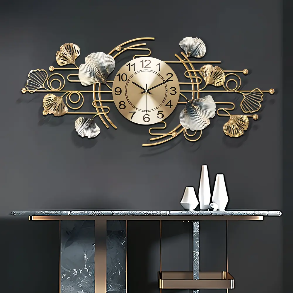 Large 3D Metal Wall Clocks Ginkgo, 37''x16'' Retro Metal Ginkgo Leaf Creative Clocks, Silent Wall Clock For Living Room, Metal Art Home Decorations, For Bedroom Kitchen Decorative Wall Clocks