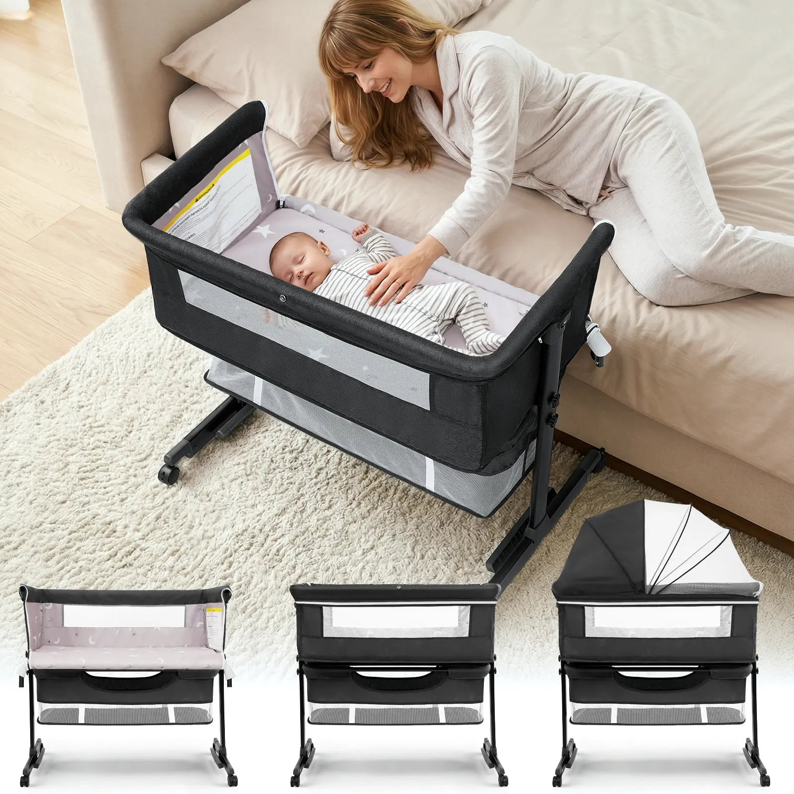 Baby Bassinet, Baby Basinet Bedside Sleeper, Easy to Fold Portable Crib Side Bassinet 2026 new Style Girl/boy bassinets, bedside bassinet,Dark Gray Folding Sleeping Cot