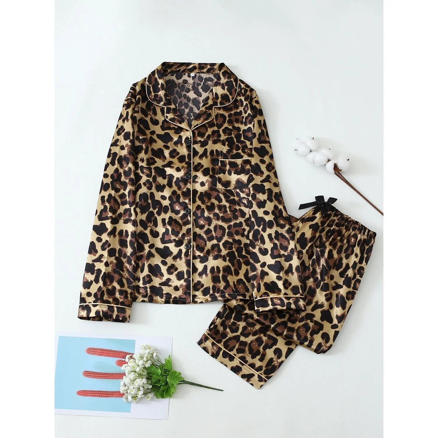 Leopard Print Satin Long-Sleeve Pajama Set with Long Pants