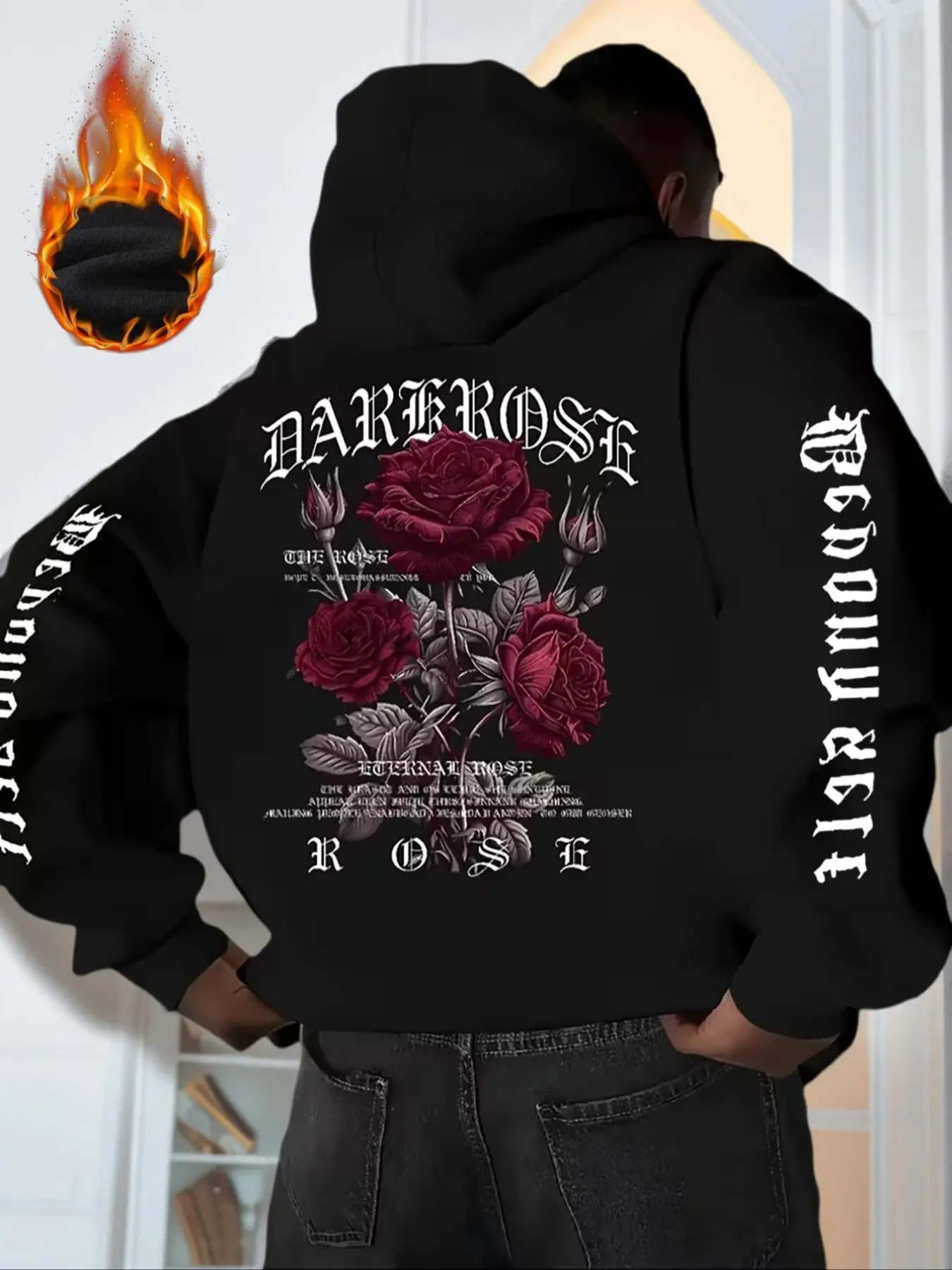 Men's Dark Rose Floral Graphic Hoodie, Long Sleeve Gothic Y2K Aesthetic Streetwear, Fitted Warm Soft Plush Jacket, Casual Fall & Winter Fashion, City Party Wear