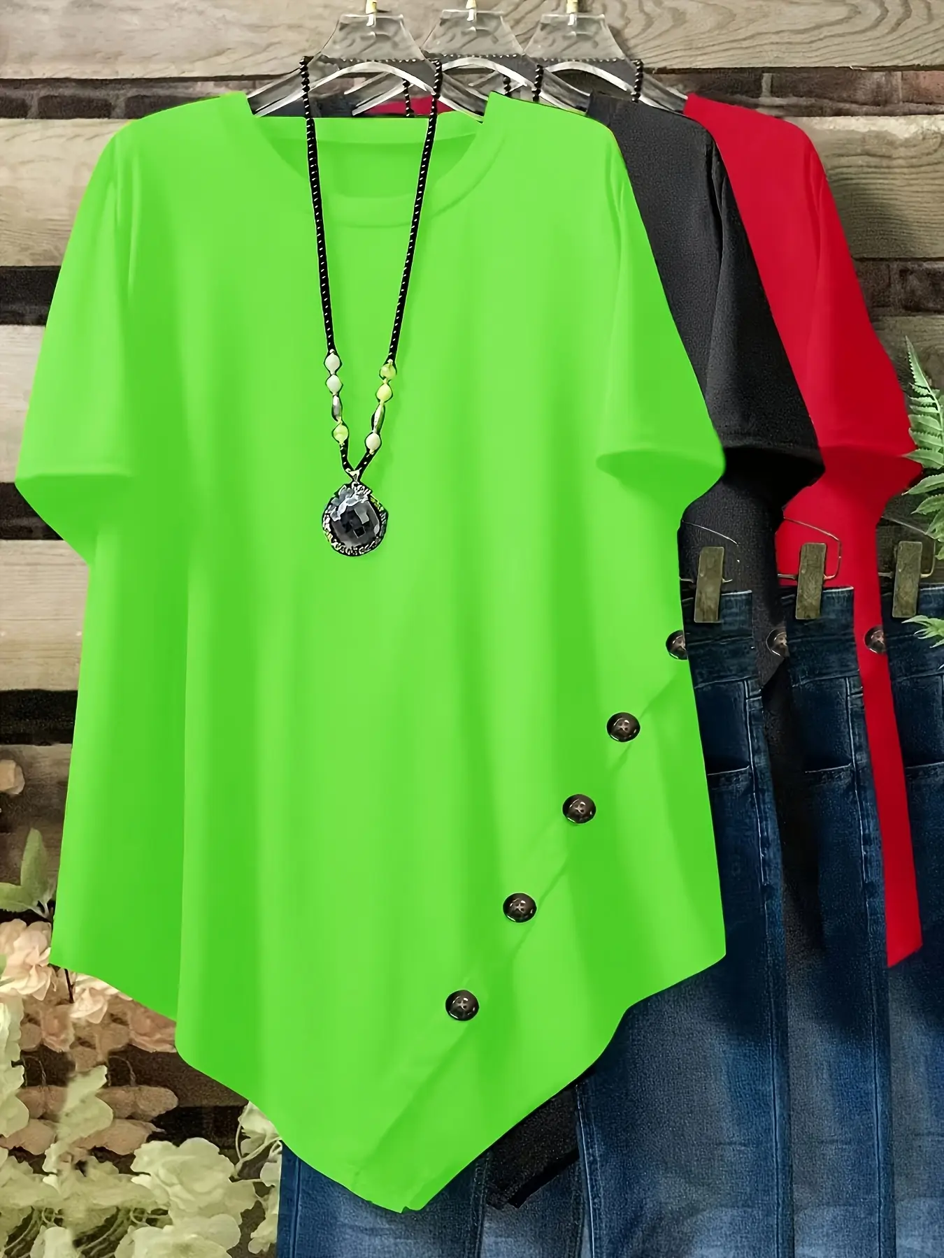 [3pcs Plus Size T-Shirts] Plus Size, 3pcs Women's Plus Size Oversized Short-Sleeve T-Shirts - Summer Loose Fit Round Neck Button-Front Asymmetric Hem Blouses, Solid Color Casual Tops for Hot Weather, Hand Washable (3pcs) - Comfortable Casual Attire & Laye