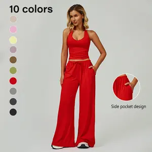 Women's Summer Casual V-neck Top and Wide-leg Pants Set, Women's Vacation and Travel Outfit, Comfortable Sporty Casual Wear, Yoga Set, Casual Loose Pants, Basic Set， long pant suit