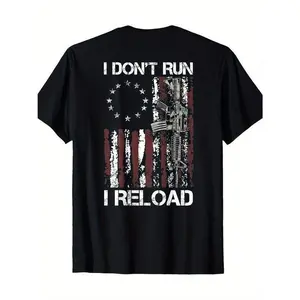 🥇 Short Sleeve Print Men's "I Don't Run I Reload" Patriotic Shotgun Shells American Flag Graphic T-Shirt.