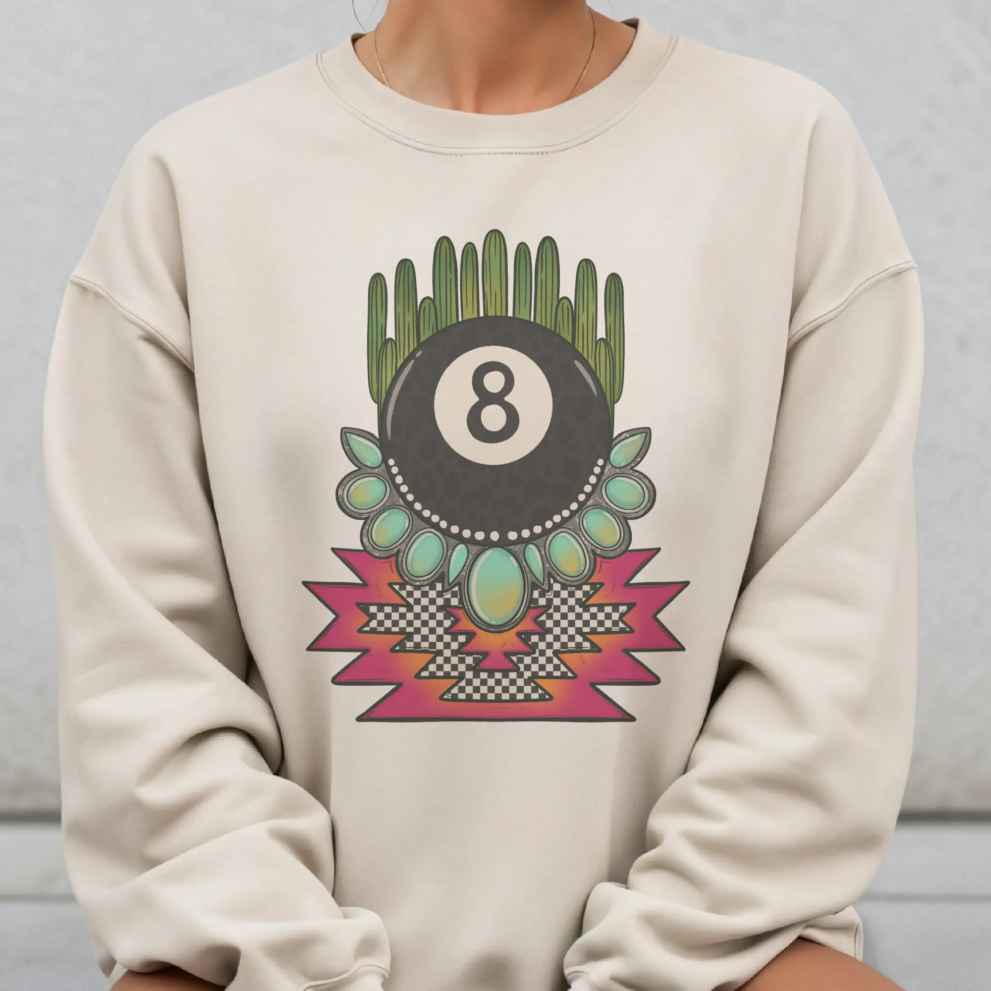 Vintage Western Sweatshirt Retro Boho 8 Ball Pullover Southwestern Pattern Desert 8-Ball Sweatshirt Unisex Womens Casual Crewneck Vintage Sublimation Print Turquoise Print Sweatshirt