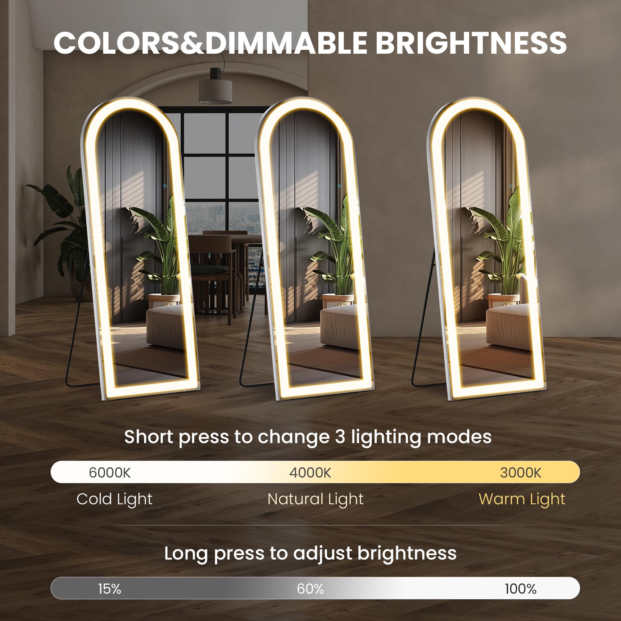 LED Floor Standing Mirror with Stand - 3 Color Lighting (White/Warm/Natural), Lighted Vanity Mirror Wall Mounted or Freestanding, Touch Control (71x26")