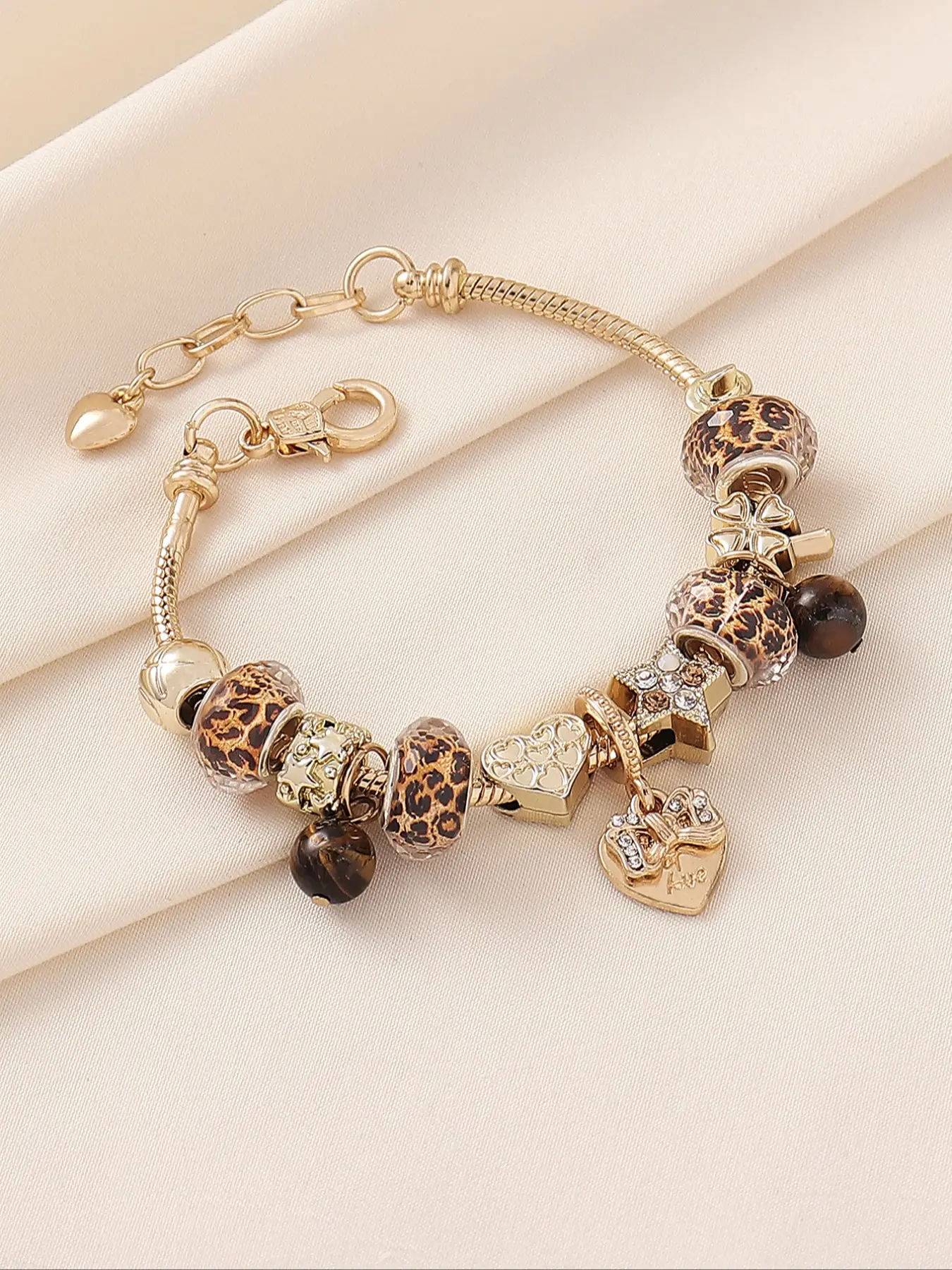 Women's Leopard Print Beaded Bracelet with Bow, Heart, Clover and Tiger Eye Stone, Trendy Fashion Jewelry, Heart Charm Bracelet, Copper Bracelets, Fashionable Bracelet, Perfect for Parties, Nights Out and Daily Wear