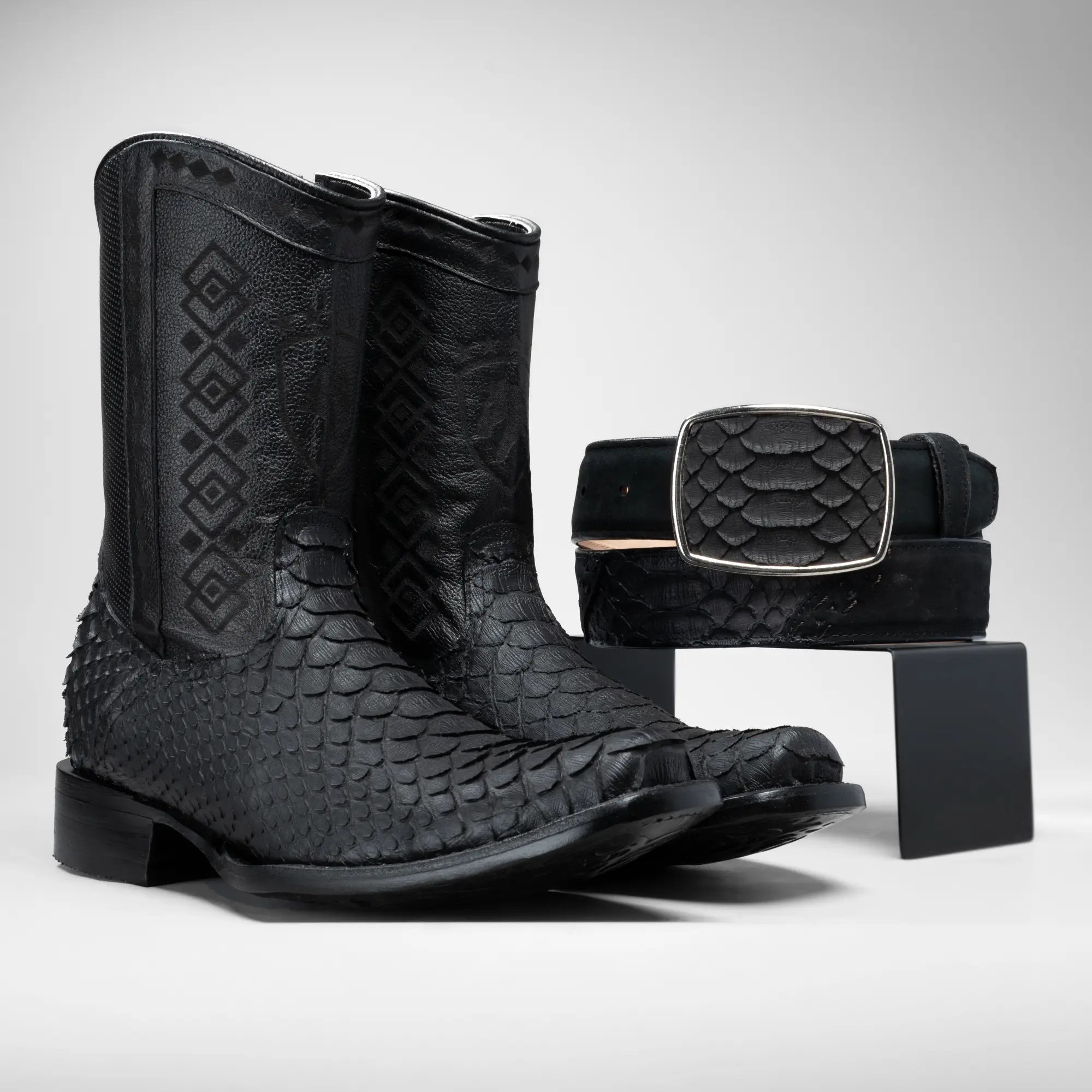 Combo Cowboy Square Toe Cowhide Leather Boots with Zipper + Belt - Premium Full Engraved Leather, Rodeo Style Made in Mexico