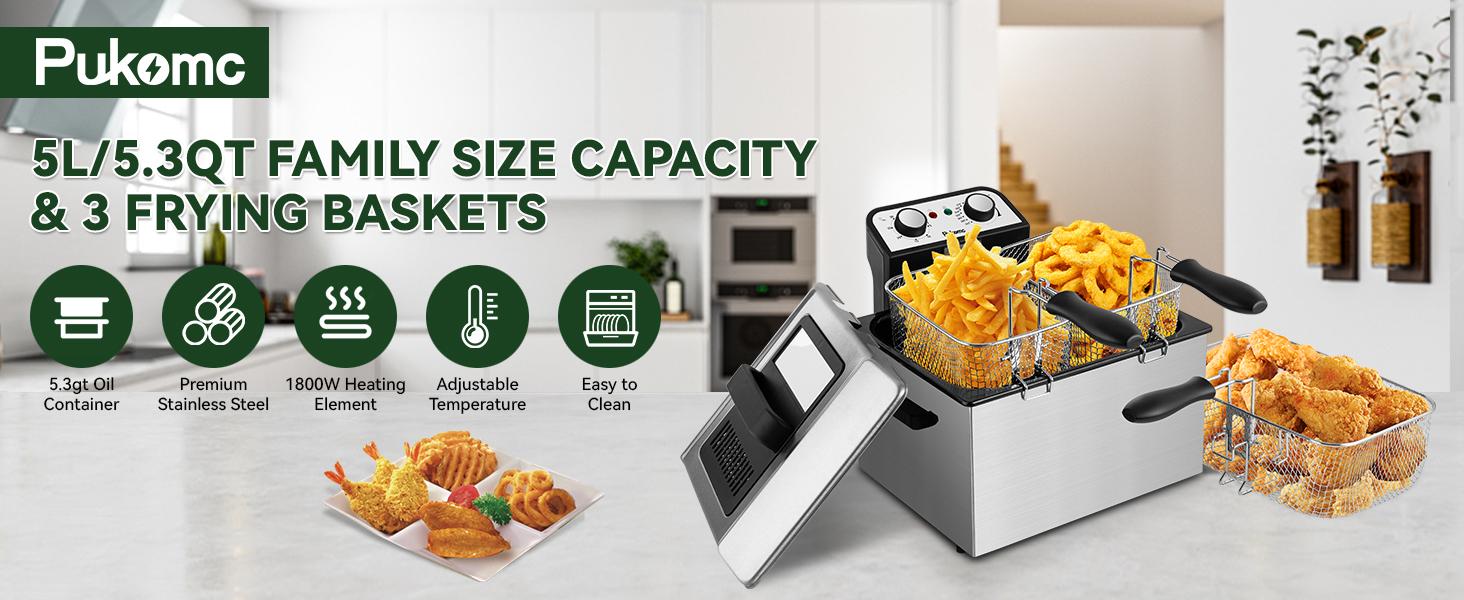 SUSTEAS Electric Deep Fryer with 3 Baskets 5.2 QT Oil Capacity Cool Touch Sides Easy to Clean Nonstick Basket for Home Use 1800 Watt Immersed Heating Element