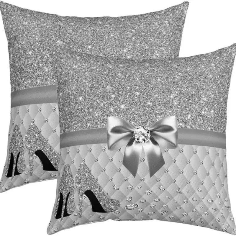 2 Piece Shiny Bow Pattern Butterfly Knot Pillowcases, Single-Sided Print, 45x45 Cm, Polyester Luxury, Zipper Closure, Home Decor