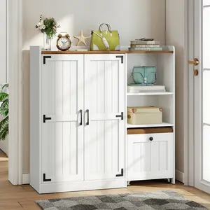 HOOBRO Shoe Cabinet with Entryway Bench, 44.1-Inch Shoe Storage Organizer with Adjustable Shelves, Doors, and Lockable Casters, for Hallway, Entryway, Living Room, Bedroom, White and Walnut