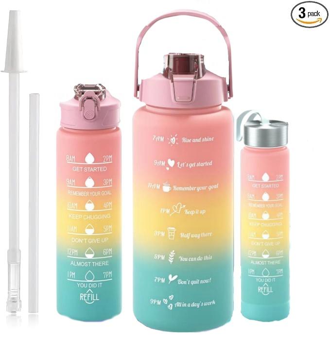 3-Piece Motivational Water Bottles with Time Mark & Leakproof Lids, Gradient Design with Straws, Reusable Hydration Set for Sports, Fitness & Daily Use – Perfect Holiday Gift, Ideal Gifting Choice