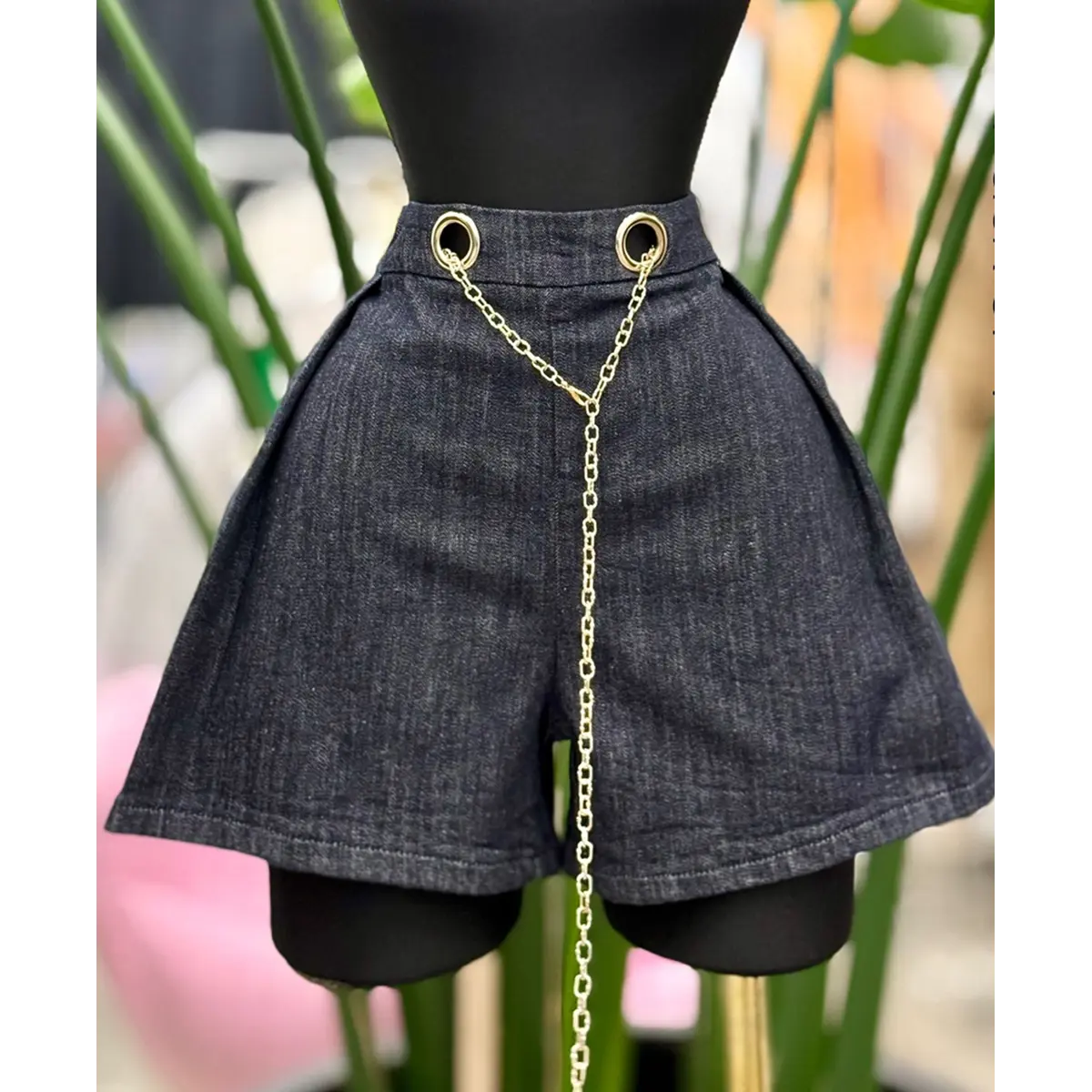 Black Denim High-Waisted Chain Detail Shorts