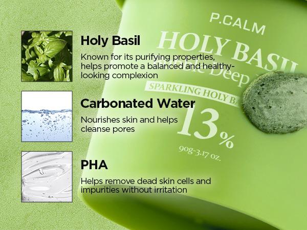 [P.CALM Official] Holy Basil Bubble Deep Mask 13% – Skin Detox Recipe K-Beauty Clay Bubble Mask with Sparkling Holy Basil & PHA, Gently Detoxifies Pores and Removes Blackheads, Korean Wash-Off Pack for Clearer Skin, 90g
