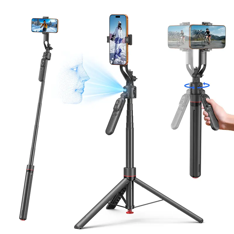 All-in-One Selfie Stick Tripod ,One-Click Automatically Pop-Up Open, Face Tracking ,Gesture Control Functions , with Handheld Stabilizer,Detachable Phone Holder ,360°Rotation,with Mutifunctional Remote Control,Maximum Extends to 68.9 inches