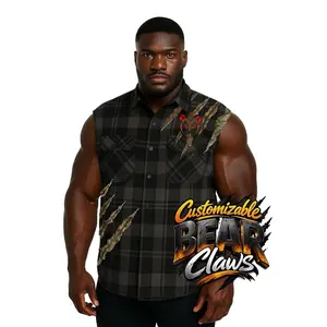 (with cuts) Sleeveless PAWsitive Flannel with BEAR Claws — Port & Company Unisex Plaid Shirt Black Cotton Crewneck Longsleeve Shirt