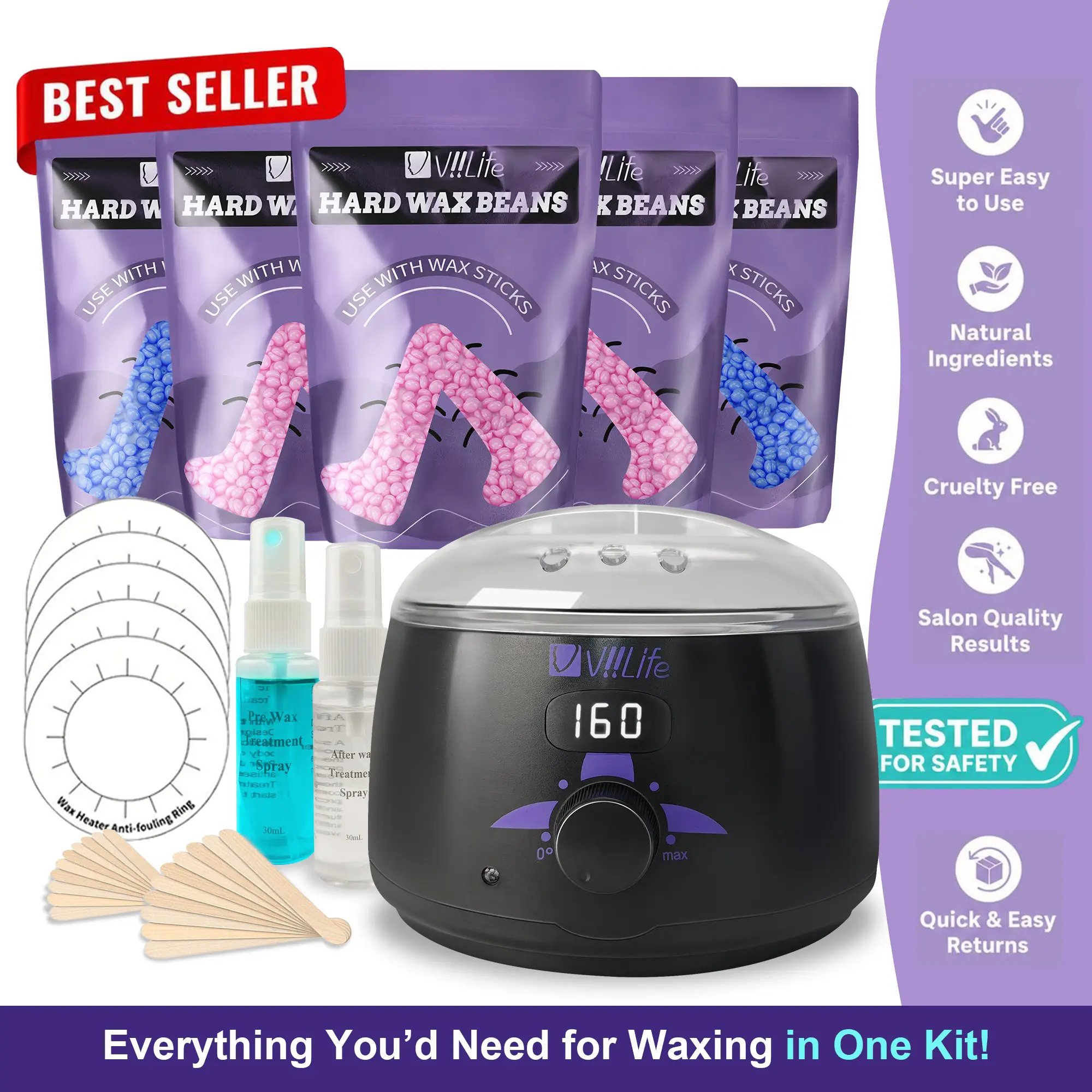 Viilife Digital Waxing Kit for Women & Men | At Home Hard Wax Warmer Set | Full Body, Brazilian, Bikini & Face Hair Removal | Sensitive Skin Wax Beads with Prep & Aftercare Sprays