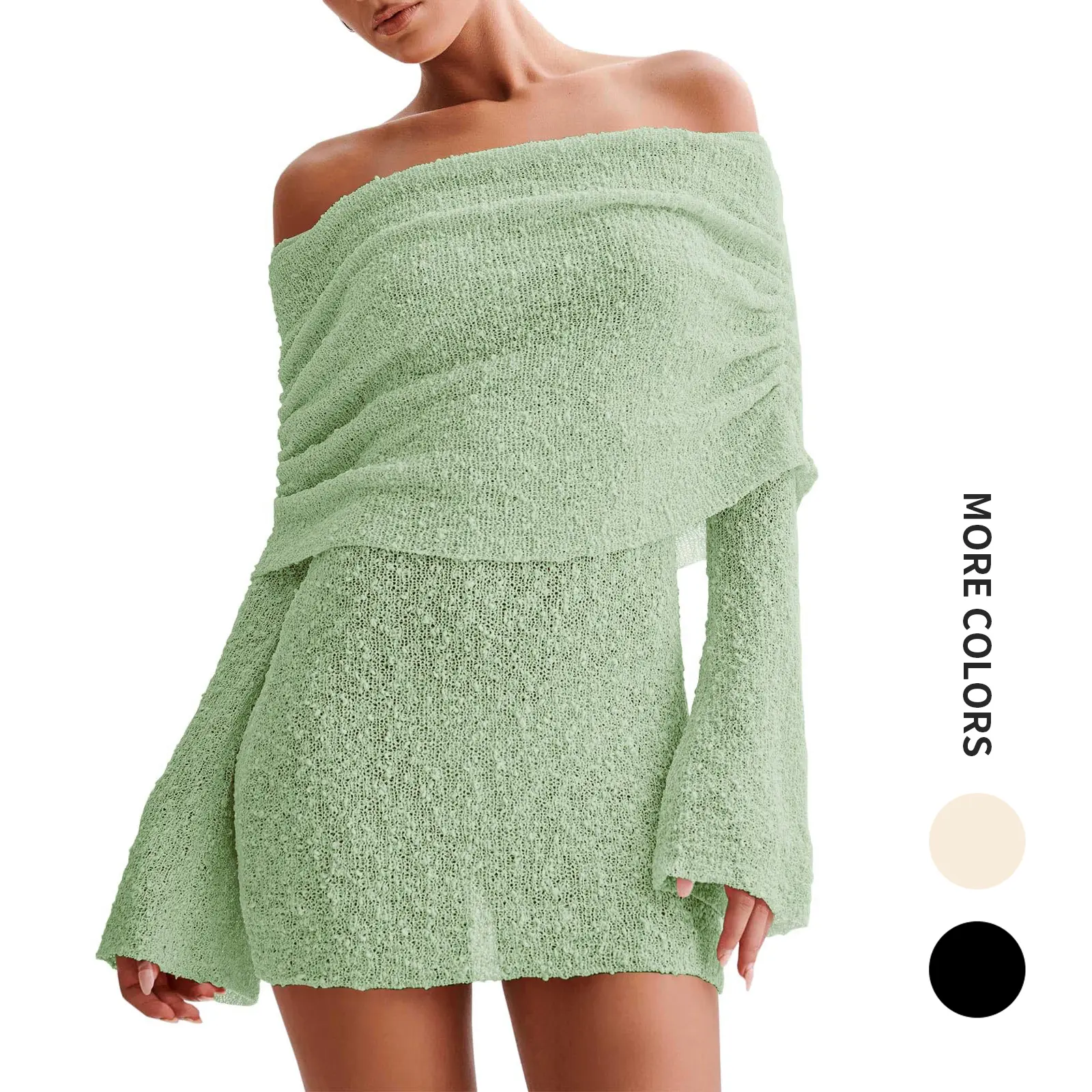 Skoinvb Greenish Women's Off Shoulder Flare Sleeve Cover Up Dress for Summer Beach Swimsuit Long Bell Sleeve Sheer Bathing Suit Coverup in Premium Knit Material