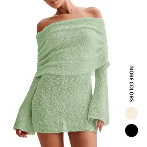 Skoinvb Greenish Women's Off Shoulder Flare Sleeve Cover Up Dress for Summer Beach Swimsuit Long Bell Sleeve Sheer Bathing Suit Coverup in Premium Knit Material