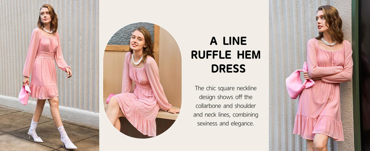 Wenrine Women's Mesh Long Sleeve Square Neck Dress High Waist A Line Ruffle Hem Flowy Casual Party Mini Dress