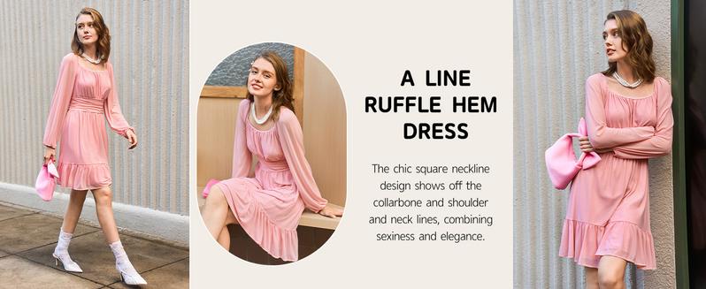 Wenrine Women's Mesh Long Sleeve Square Neck Dress High Waist A Line Ruffle Hem Flowy Casual Party Mini Dress Wenrine Women's Mesh Long Sleeve Square Neck Dress High Waist A Line Ruffle Hem Flowy Casual Party Mini Dress