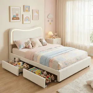 Boucle Twin Bed Frame with 2 Storage Drawers, Upholstered Platform Bed with LED Headboard, Solid Wood Slats Support, for Kids, Teens, White