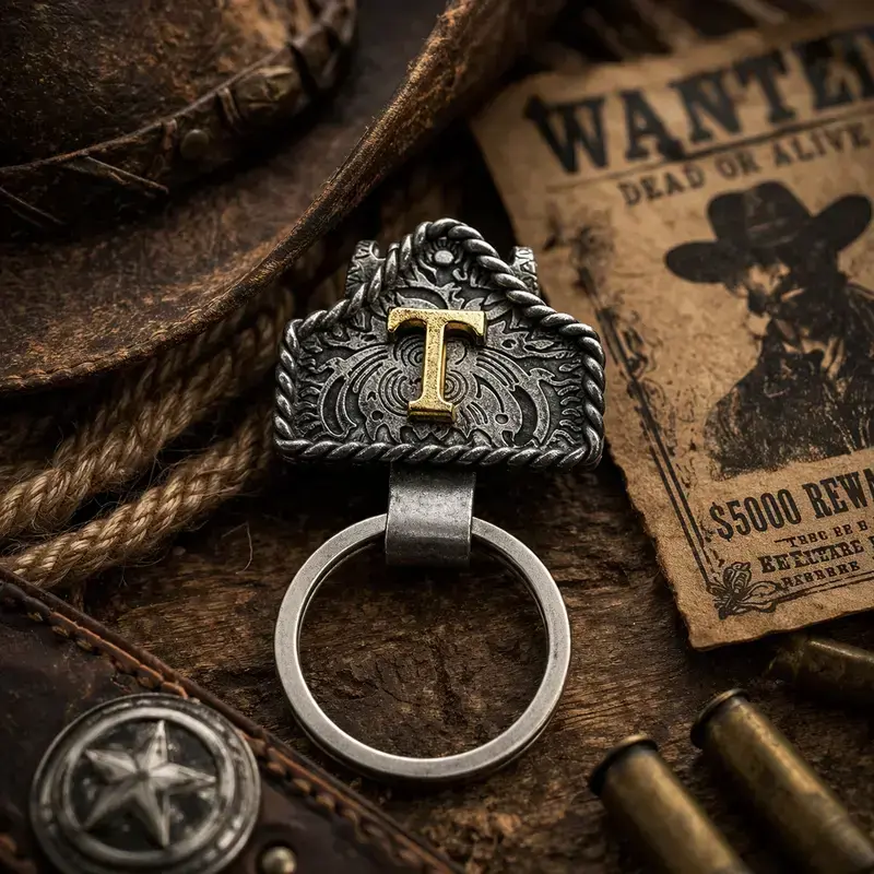 Virelyn B Handmade Cow Tag Belt Key Holder with Copper Initial – Custom Western Keychain for Men & Women, Texas-Inspired Cowboy Keychain, Fashion Accessory for Bags, Keys & Gifts