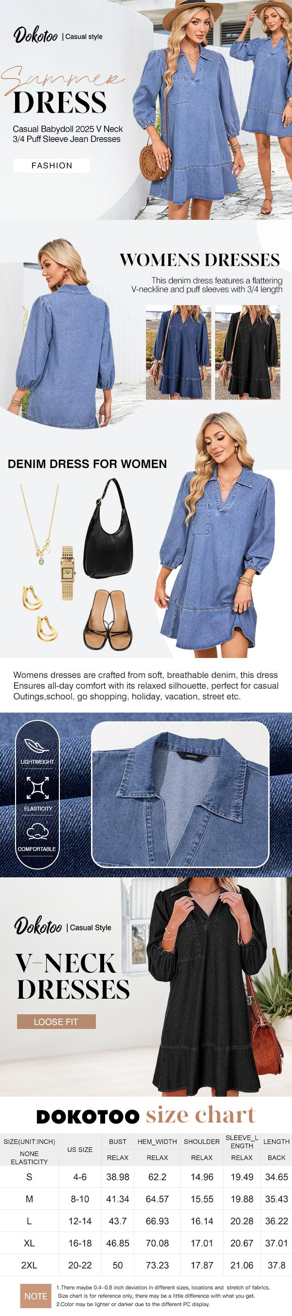 Dokotoo Denim Dress for Women Fashion Fall Casual Babydoll 2026 V Neck 3/4 Puff Sleeve Jean Dresses