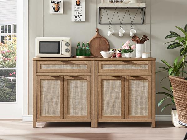 PieDle Furniture Rattan Sideboard Buffet Cabinet, Boho Storage Cabinet with Adjustable Shelves, Farmhouse Credenza Coffee Bar Cabinets with 4 Doors & 3 Drawers for Living Room, Hallway & Kitchen