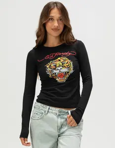 ED HARDY Tiger Head Womens Long Sleeve Baby Tee ED HARDY Tiger Head Womens Long Sleeve Baby Tee