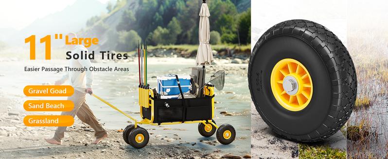 Bonnlo Beach Fishing Cart, Beach Wagon Trolley with 11" Big NO-Flat Airless Tires, Foldable Beach Trailer with Large Cargo Basket, 550 lbs Load Capacity, 8 Fishing Rods Holder, Durable Oxford Bag