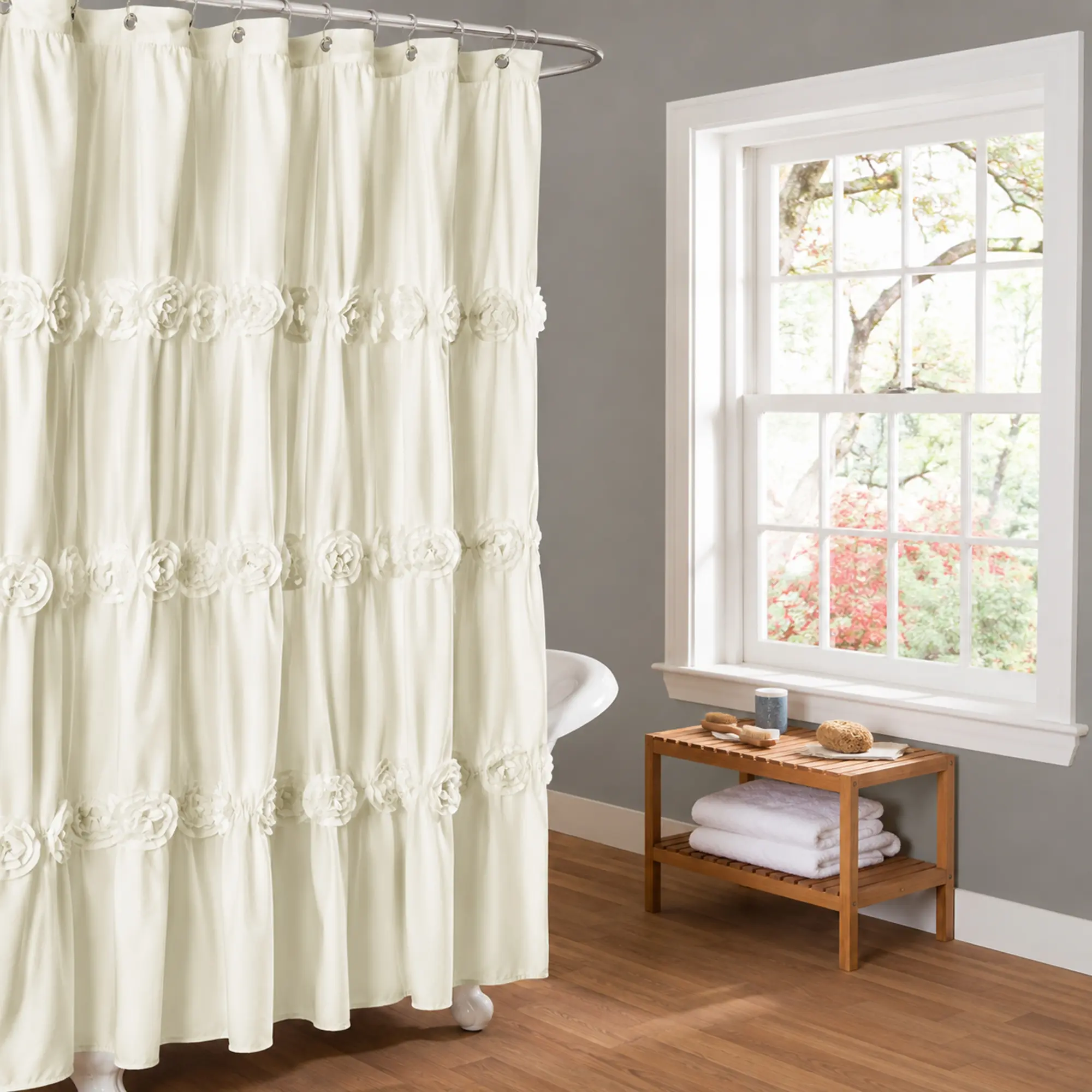 Lush Decor Darla Flower Shower Curtain - Humid-Resistant, Soft Floral Boho Pattern, Neutral Traditional Design for Nature-Inspired Bathrooms, Water-Resistant Bathroom Shower Curtains