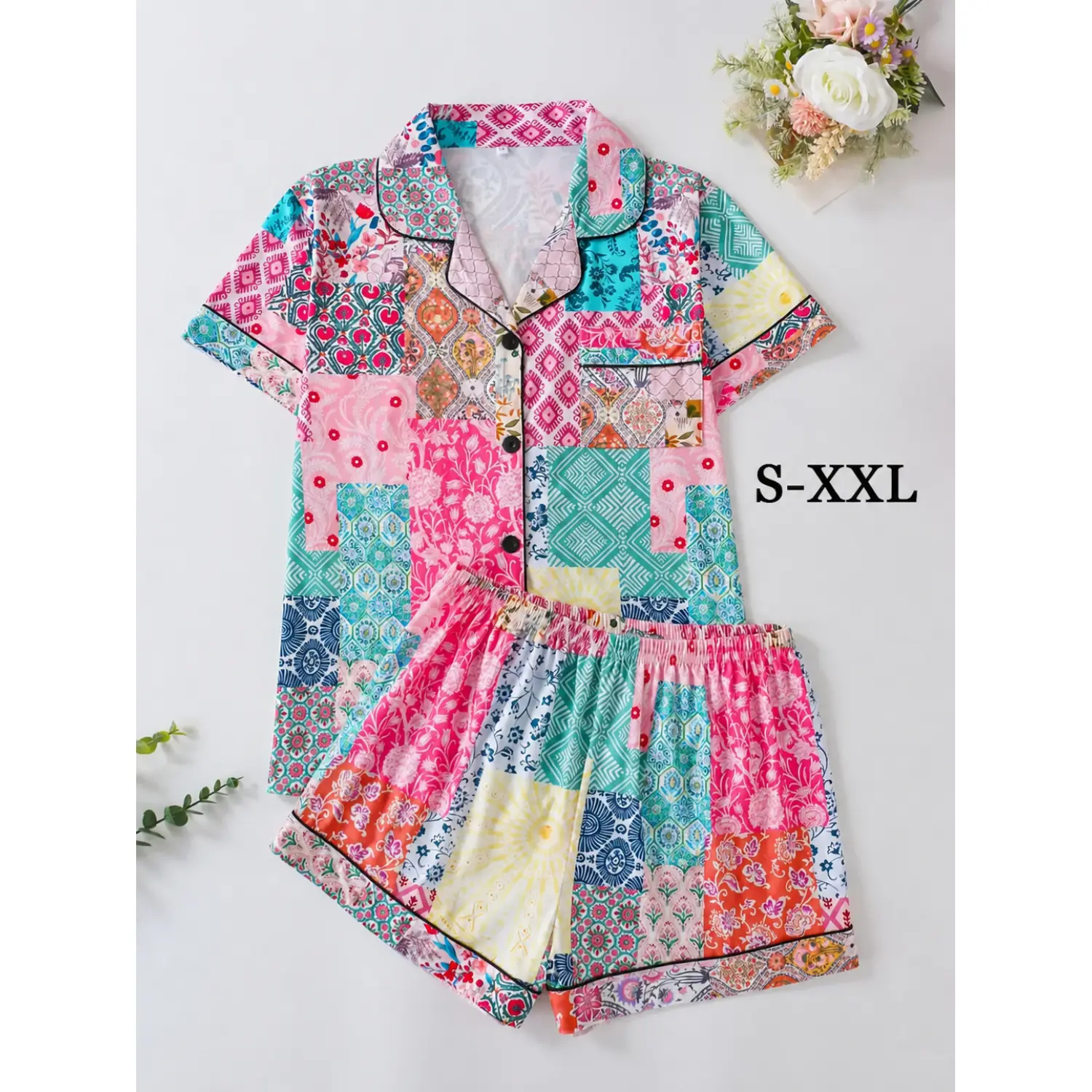 Women's Patchwork Print Pajama Set - Comfortable Lapel Neck Top & Shorts, All-Season Sleepwear for Ladies