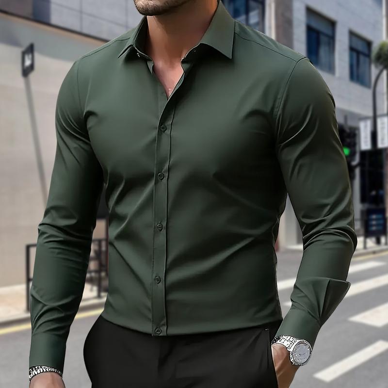 Men's Business Shirt - Simple and Minimalist Daily Wear for Work Settings. Durable and Long-lasting High-Quality Sewing. Smooth Texture. Classic Colors of Black, White and Blue. Breathable with Ice Silk Technology, No Sweating Problem.