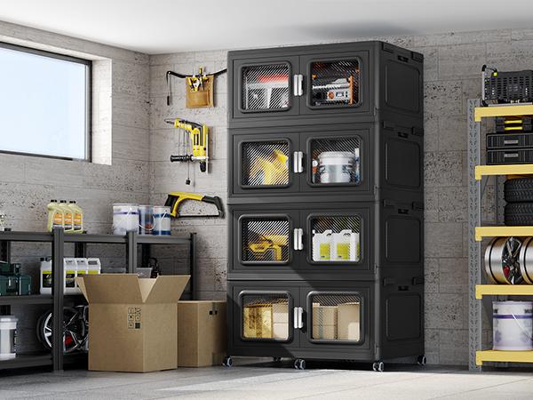 BROVIEW V80 165-300Gal Plastic Collapsible Storage Bins, Plastic Extra Large Storage Bins with Wheels, Stackable Closet Organizer and Storage Drawers, Black