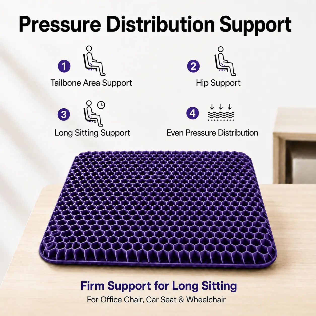Gel Seat Cushion for Chair, Thick Honeycomb Cooling Seat Cushion, Firm Support Pressure Relief Pad for Office Chair, Car Seat, Wheelchair & Desk Chair, Breathable Non-Slip Washable Cover Weight Distribution Premium Quality