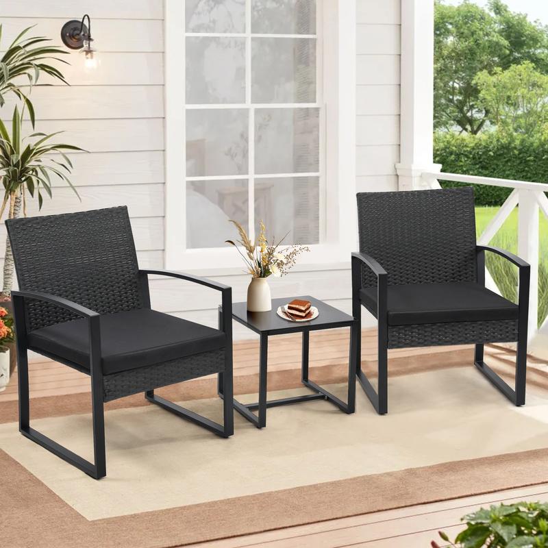 GOOD DEALS SMILE 3 Piece Wicker Patio Furniture Set, Outdoor RockingChairs, Outdoor Furniture with Table & Cushions, Patio Chairsfor Balcony Porch, Black