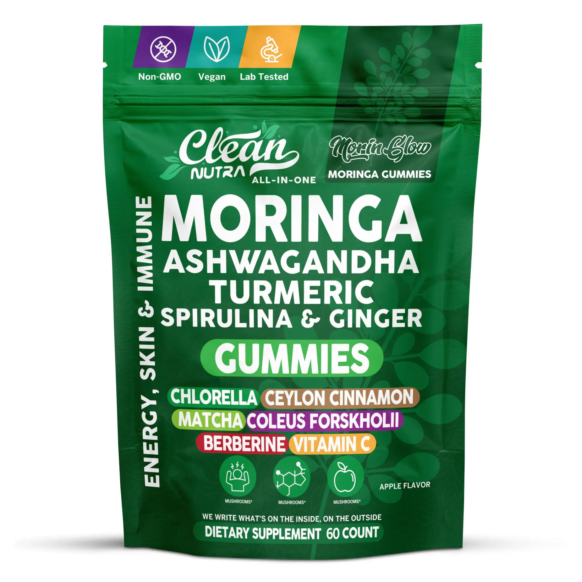 Clean Nutra Moringa, Ashwagandha, Turmeric, Spirulina & Ginger for Plant-Based Energy, Skin & Immune Support - MorinGlow