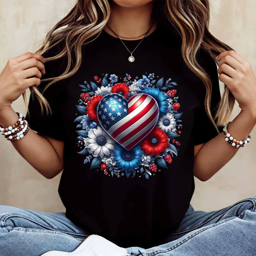 Women Casual Short Sleeve T-Shirt American Flag Heart Floral Print Independence Day Patriotic Celebration Summer Wear