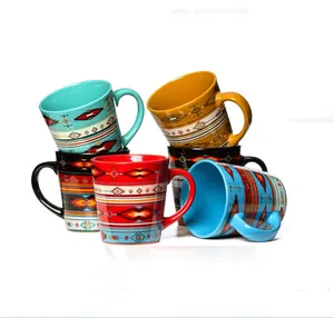 Nu Trendz Ceramic Coffee Cups 6-Pack Restaurant Porcelain 12 Ounces Large Handle Tea Cups Black Microwave & Dishwasher Safe Reusable Aztec Style Colorful