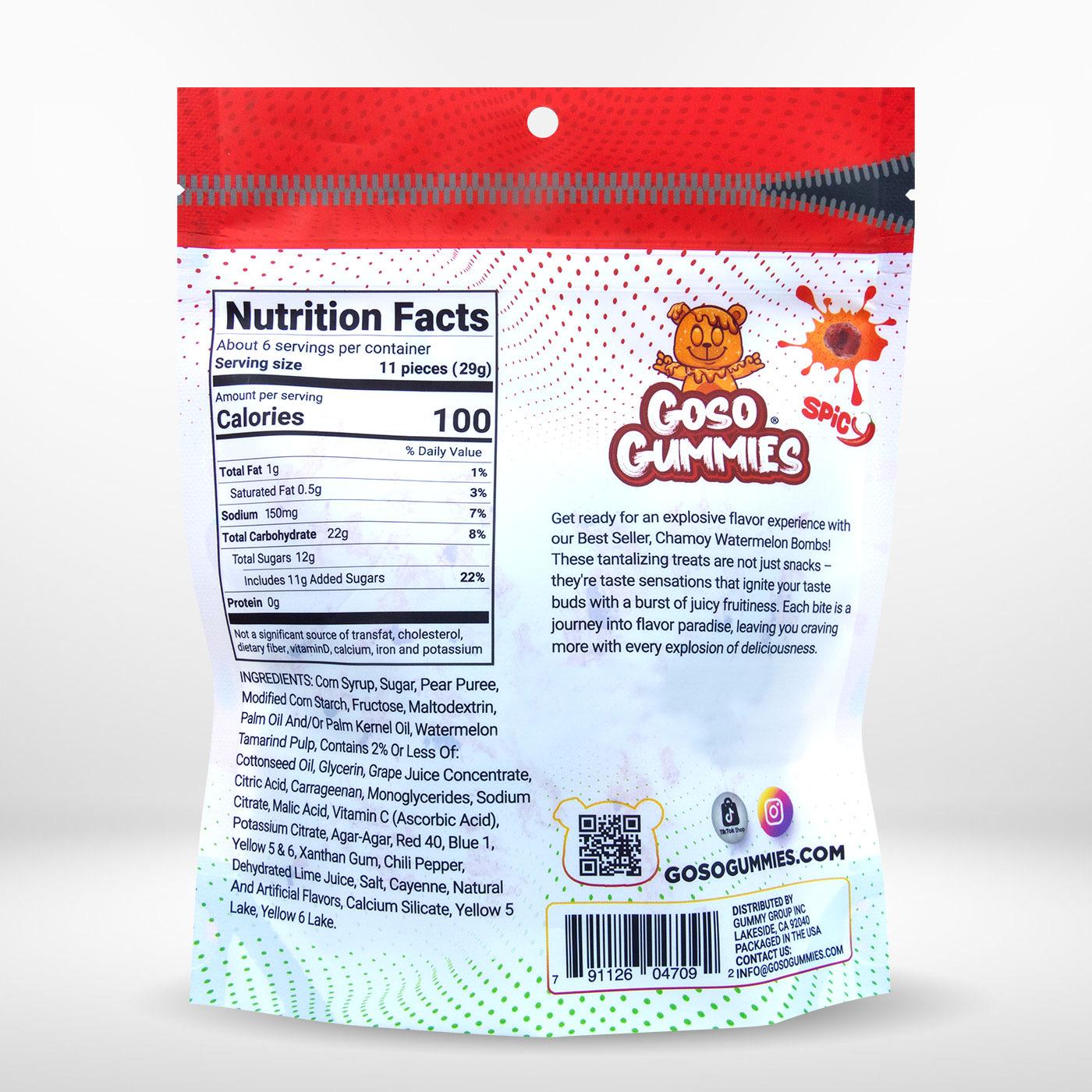 Goso Gummies Viral Chamoy 6oz Mango 6oz Watermelon 6oz Gusher Bombs - 18 Ounce Bundle - Candy Snack Spicy