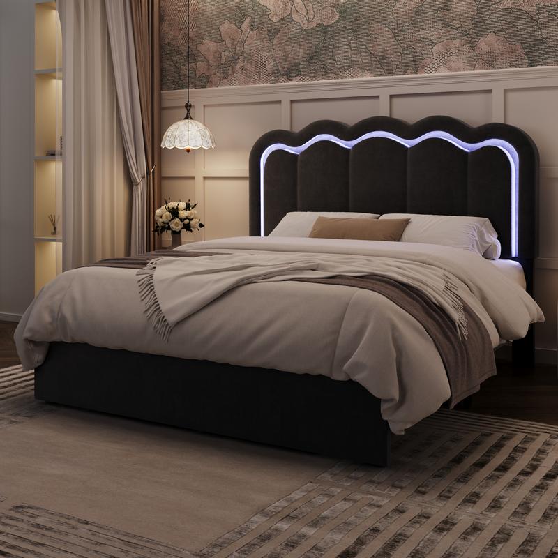 MUTIOCR Velvet Upholstered Bed Frame with Smart LED Lights Large Storage Drawer Adjustable Wavy Headboard No Box Spring Needed Twin Full Queen Sizes White Black Cream Pink