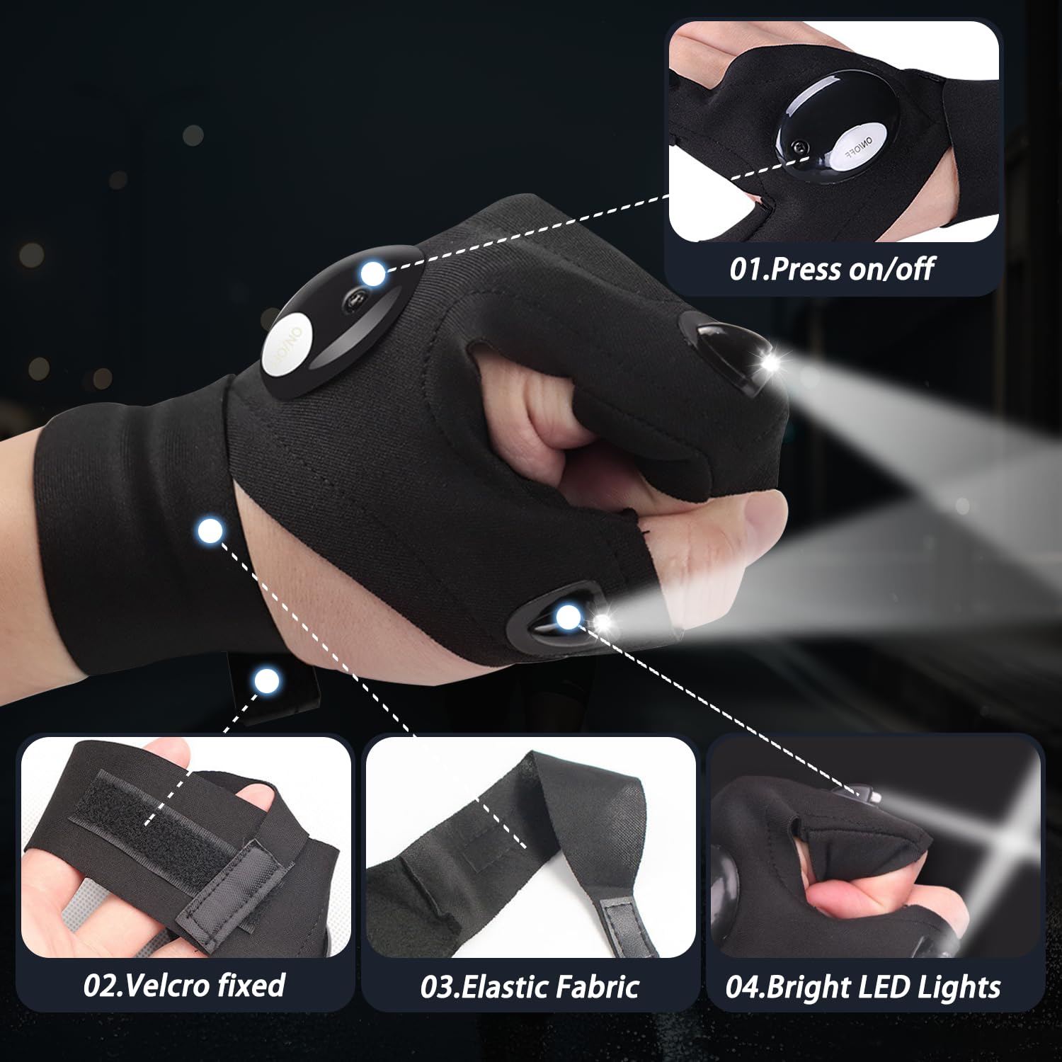 Pair of LED Half-Finger Waterproof Gloves with Flashlight- Durable Fingerless Gloves for Men & Women | OutdoorNight Fishing, Bait Prep, Cycling, Running, Camping